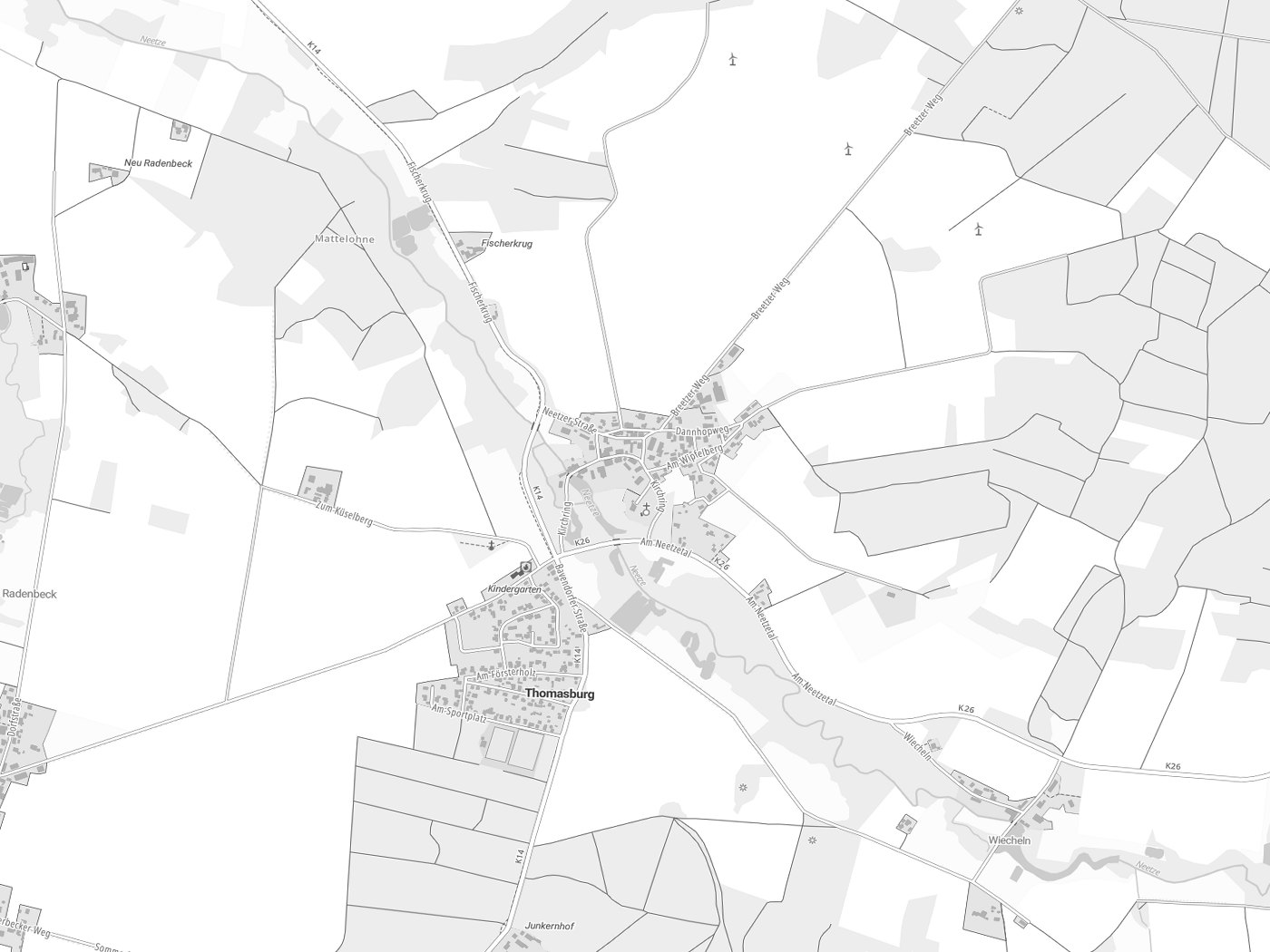 Kartenausschnitt Thomasburg mit Gewässern
