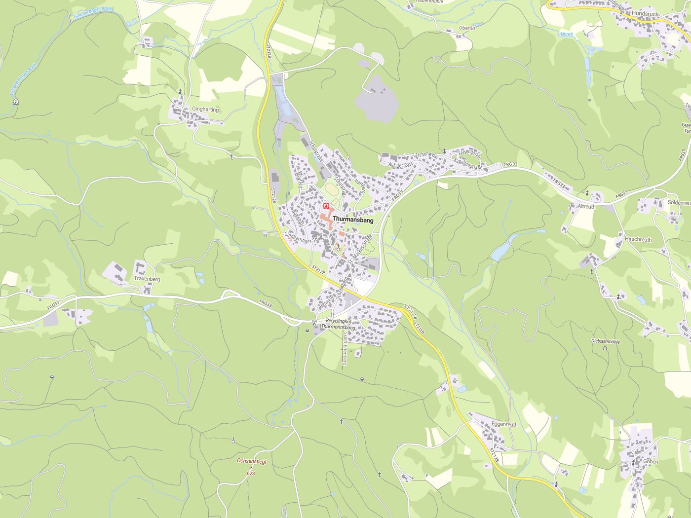 Kartenausschnitt Thurmansbang mit Gewässern