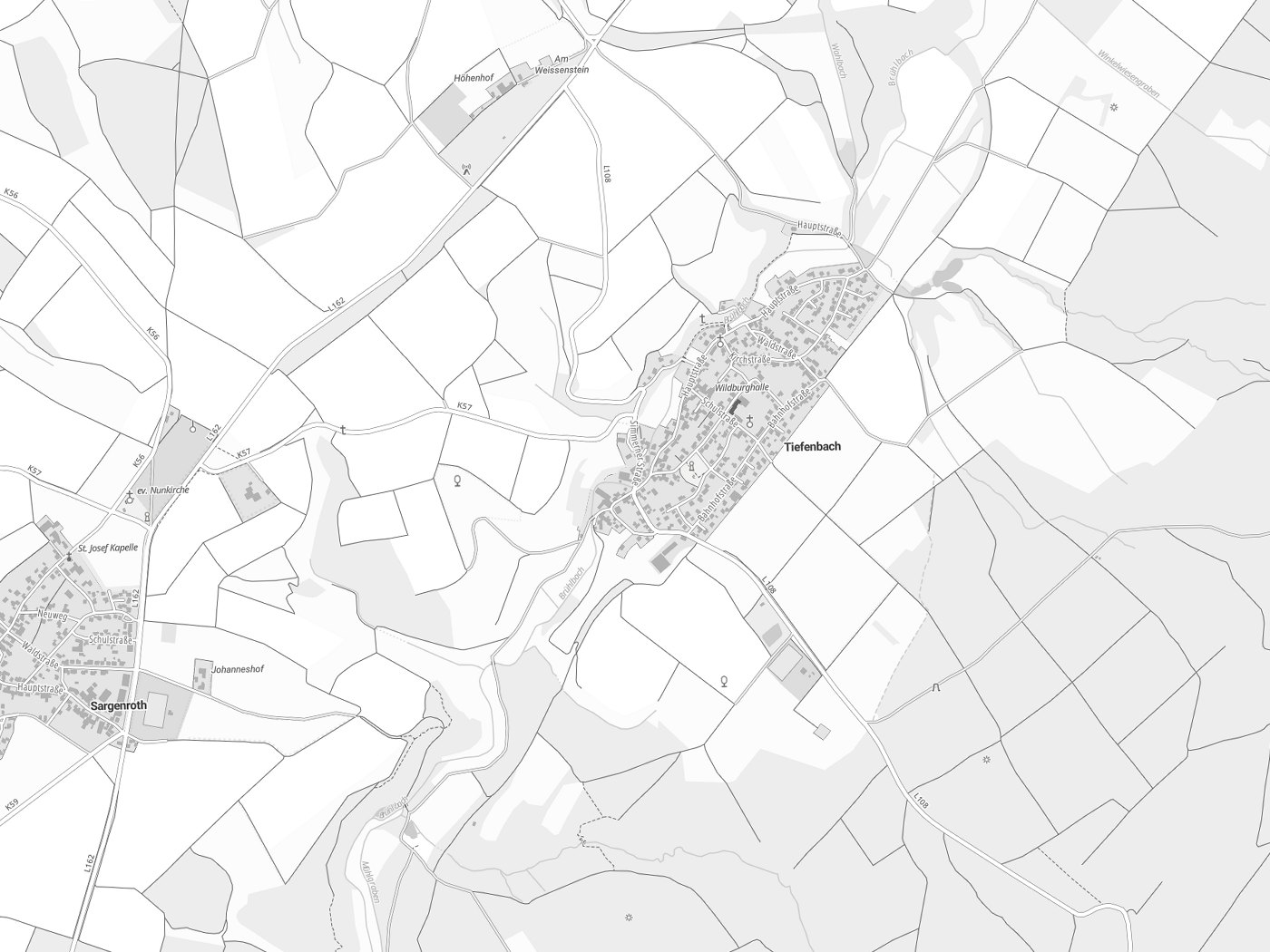 Kartenausschnitt Tiefenbach mit Gewässern