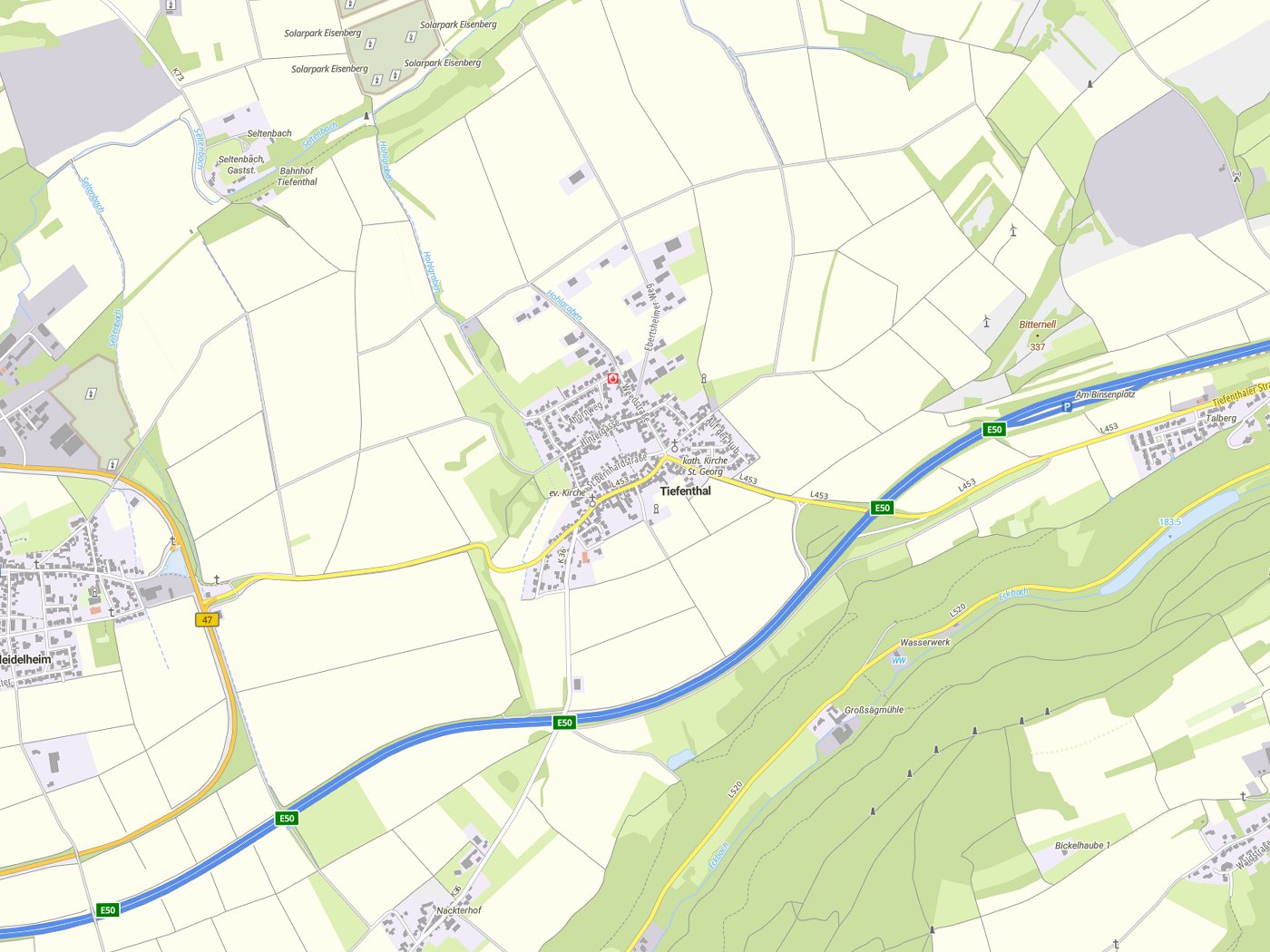 Kartenausschnitt Tiefenthal mit Gewässern