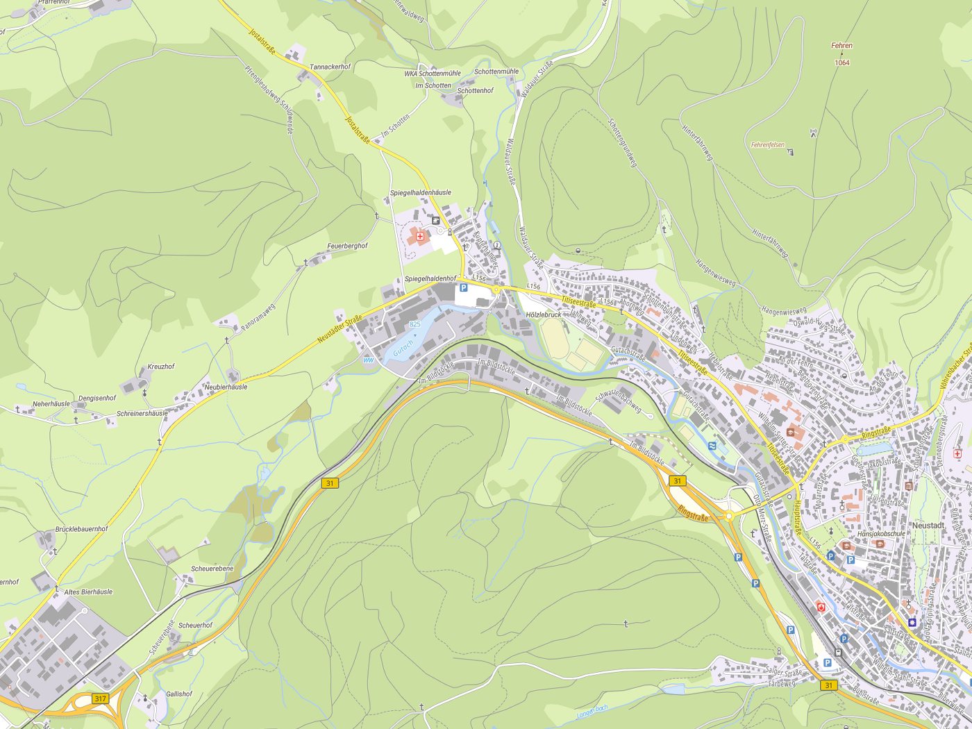 Kartenausschnitt Titisee-Neustadt mit Gewässern