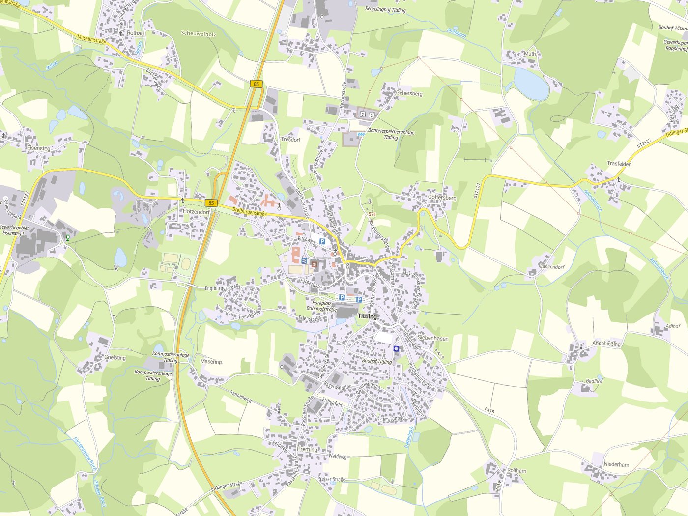 Kartenausschnitt Tittling mit Gewässern