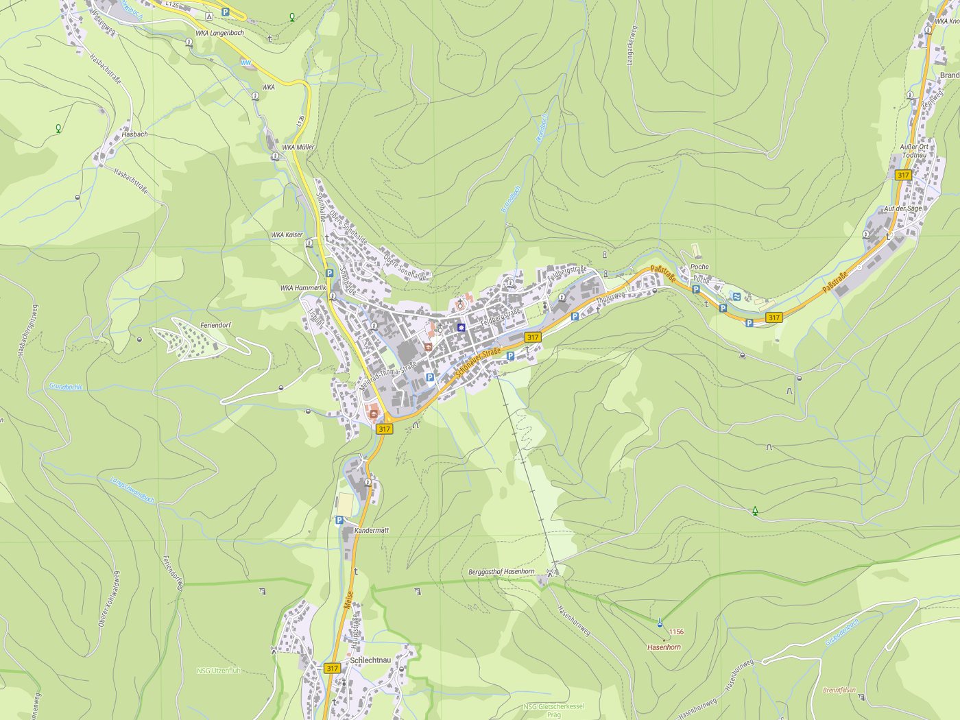 Kartenausschnitt Todtnau mit Gewässern