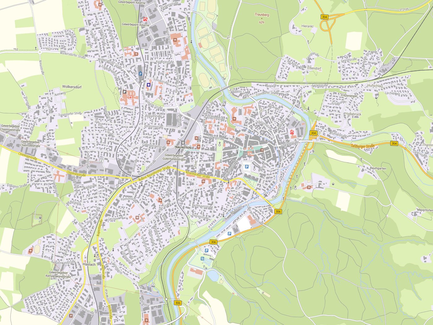 Kartenausschnitt Traunstein mit Gewässern