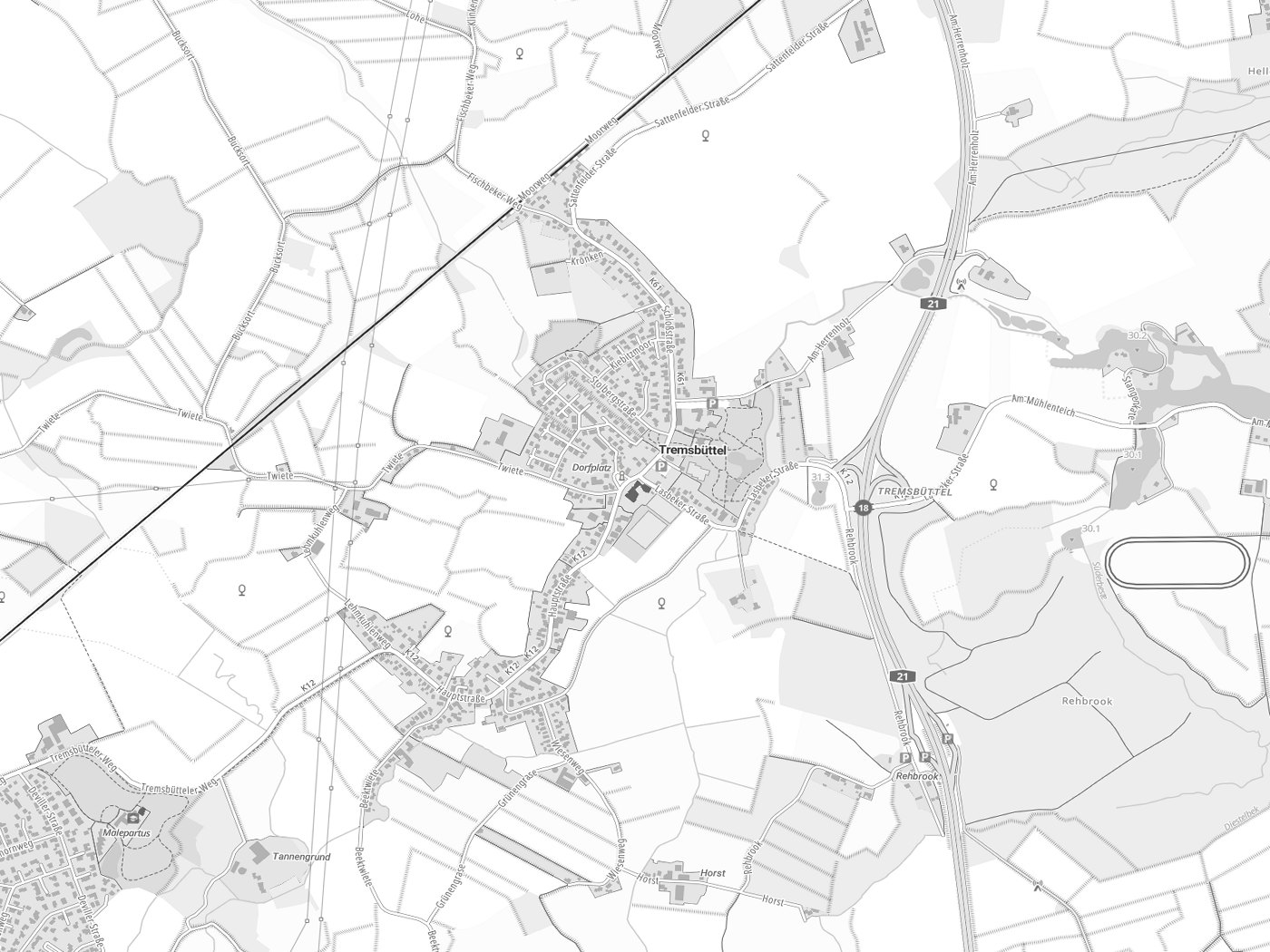 Kartenausschnitt Tremsbüttel mit Gewässern