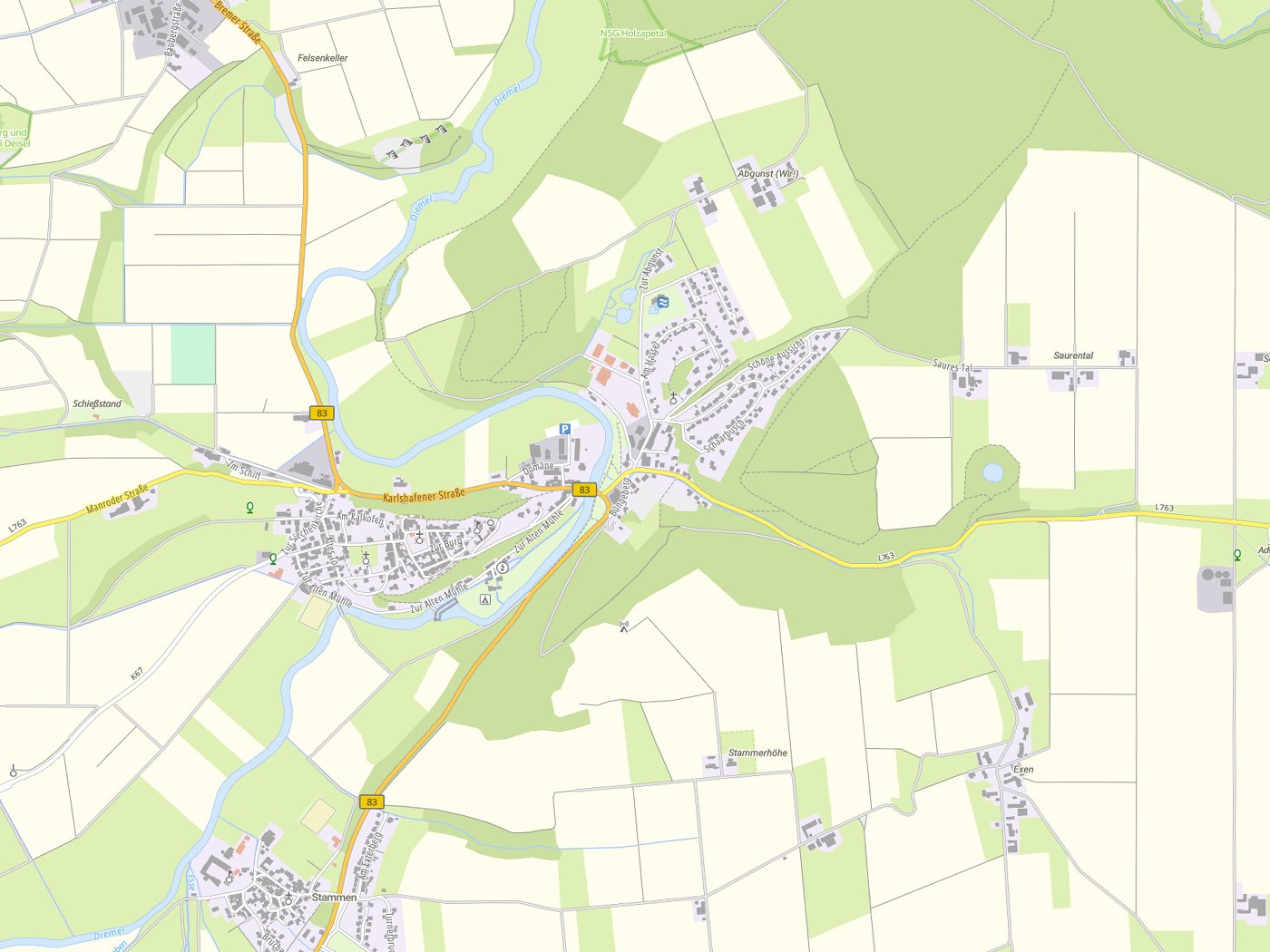 Kartenausschnitt Trendelburg mit Gewässern