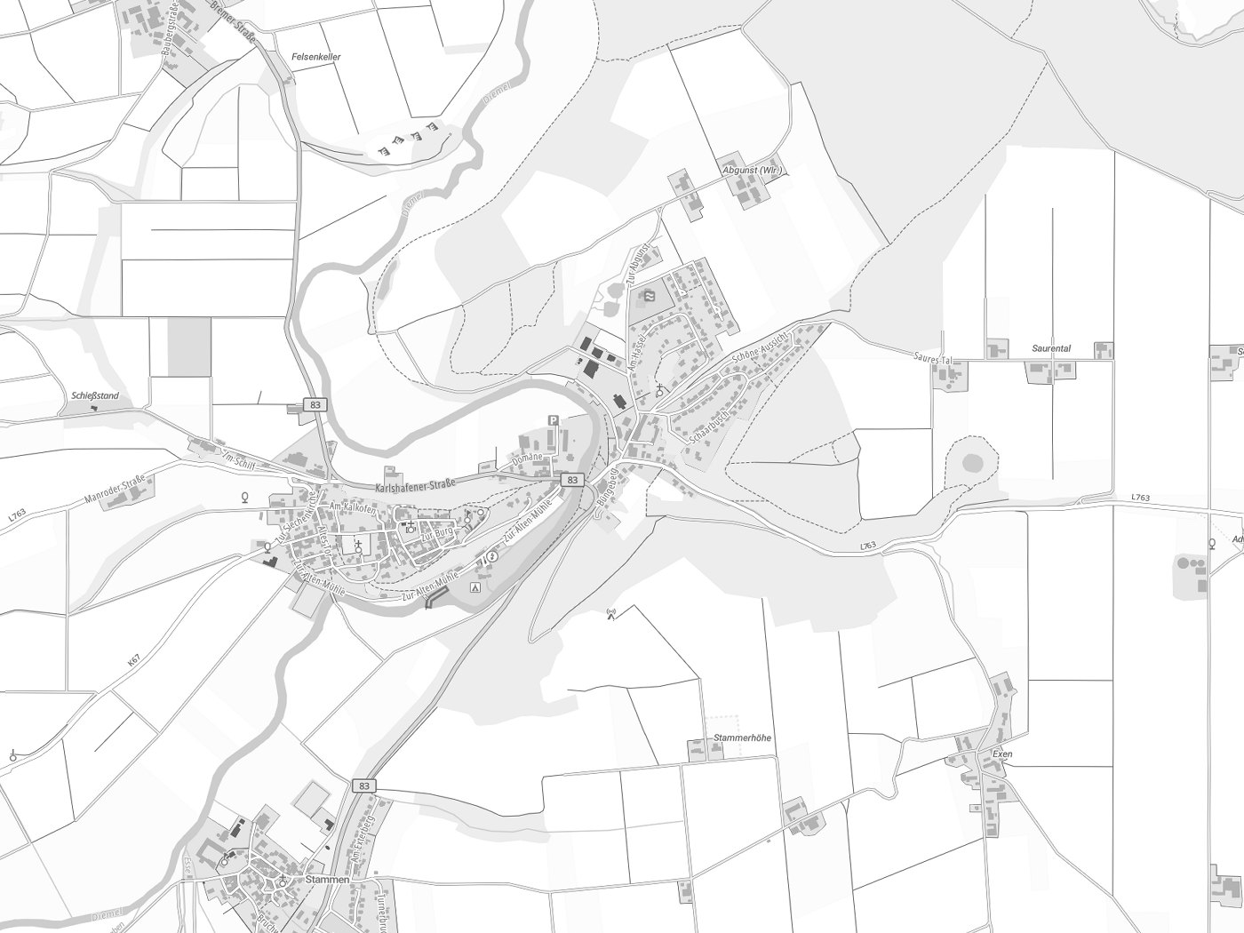 Kartenausschnitt Trendelburg mit Gewässern