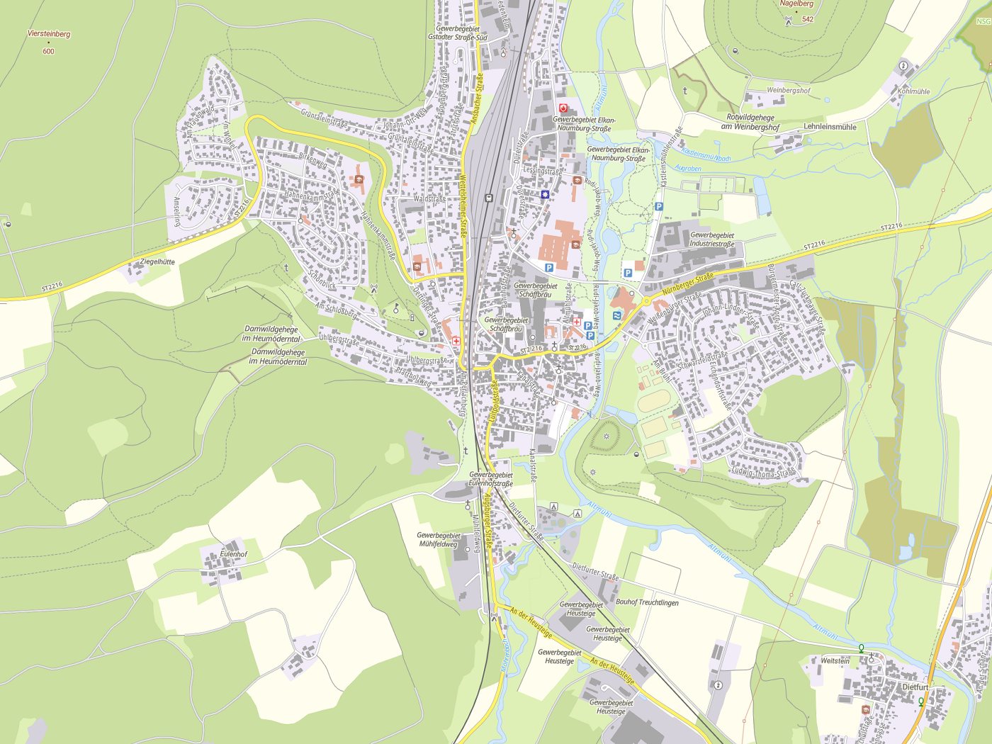 Kartenausschnitt Treuchtlingen mit Gewässern