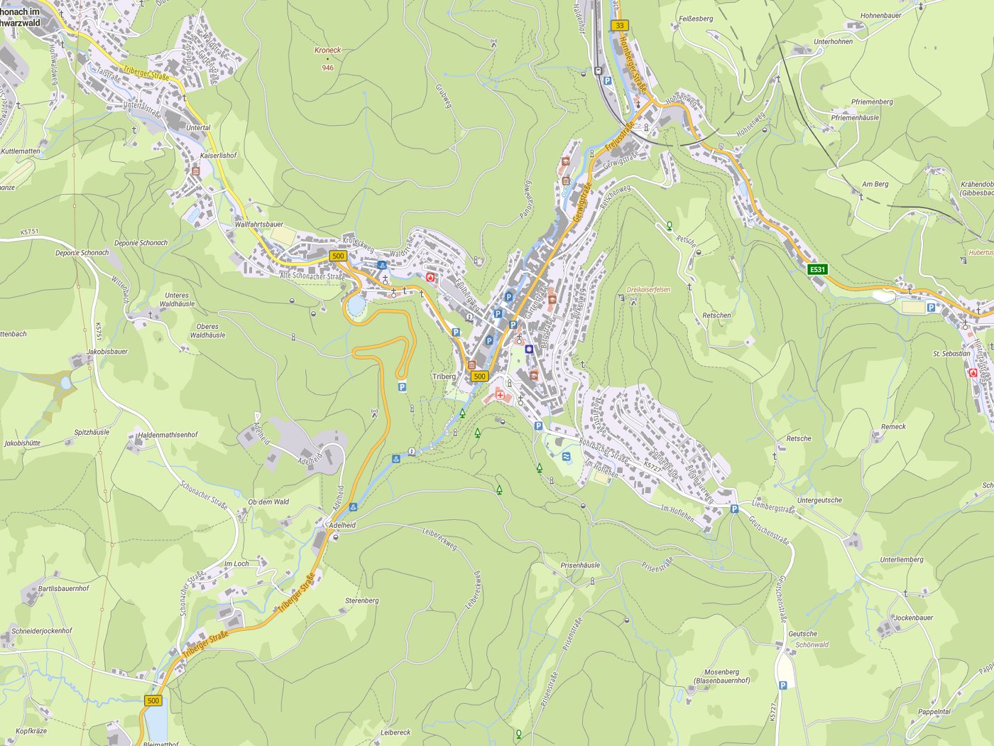 Kartenausschnitt Triberg im Schwarzwald mit Gewässern