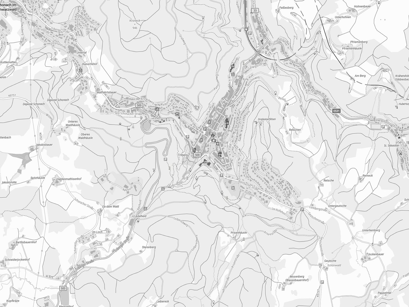 Kartenausschnitt Triberg im Schwarzwald mit Gewässern