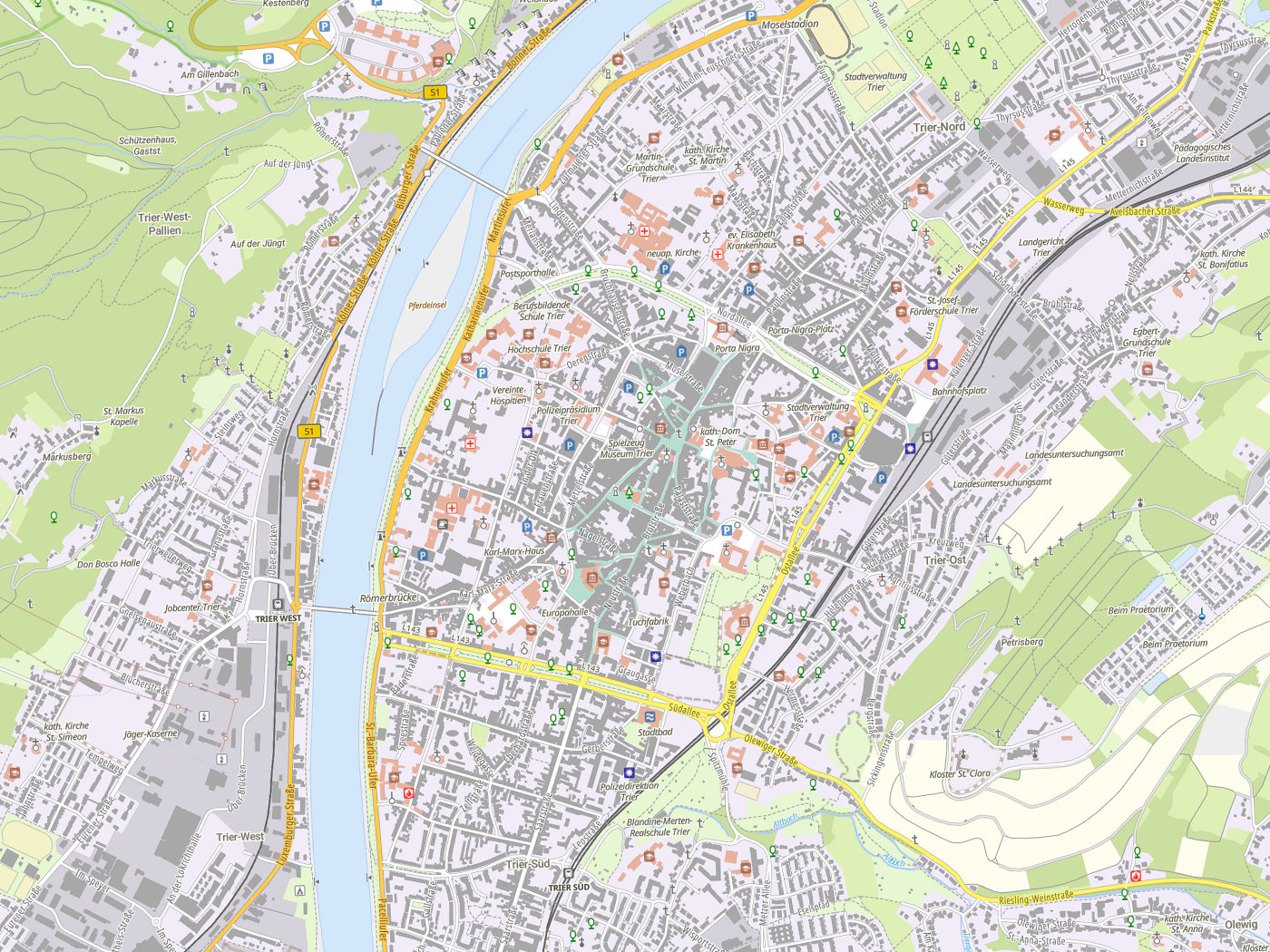 Kartenausschnitt Trier mit Gewässern
