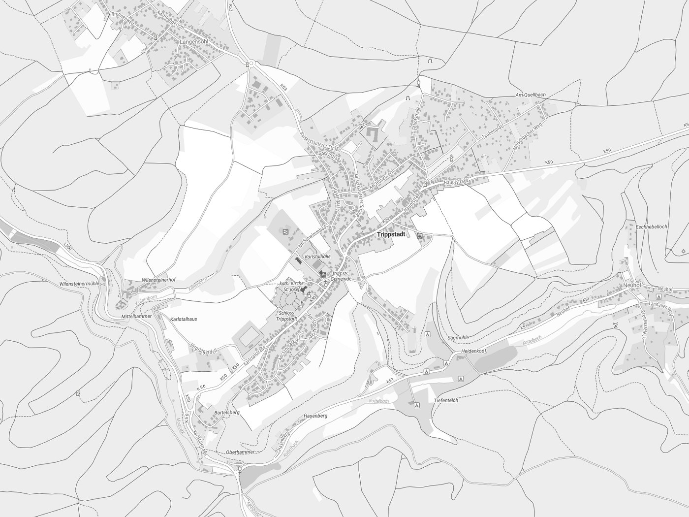 Kartenausschnitt Trippstadt mit Gewässern