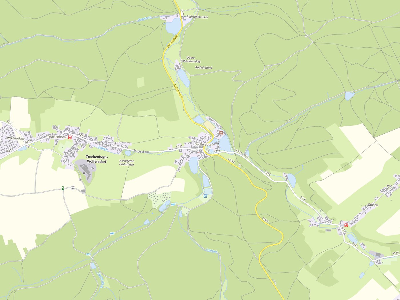 Kartenausschnitt Trockenborn-Wolfersdorf mit Gewässern