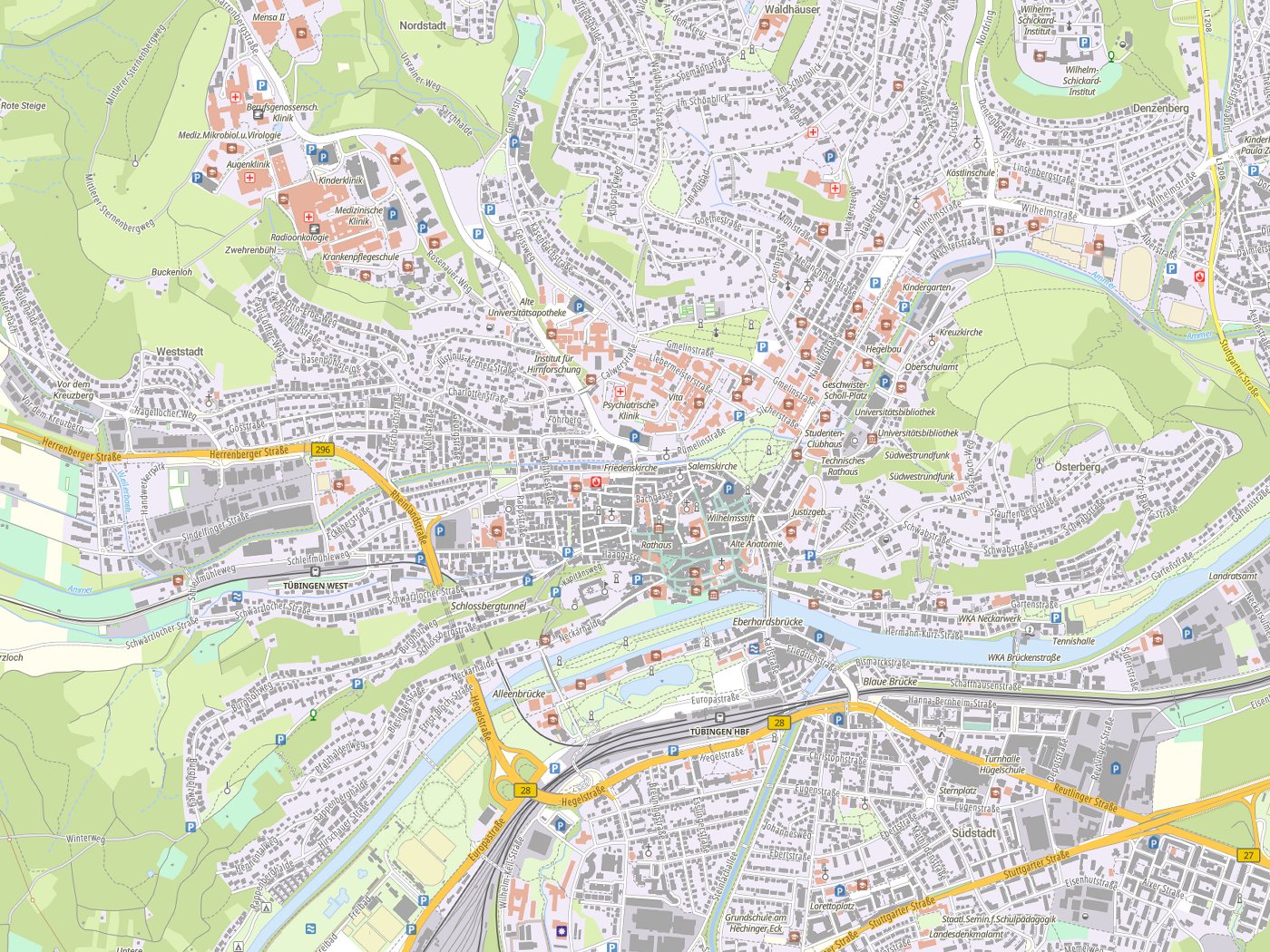 Kartenausschnitt Tübingen mit Gewässern
