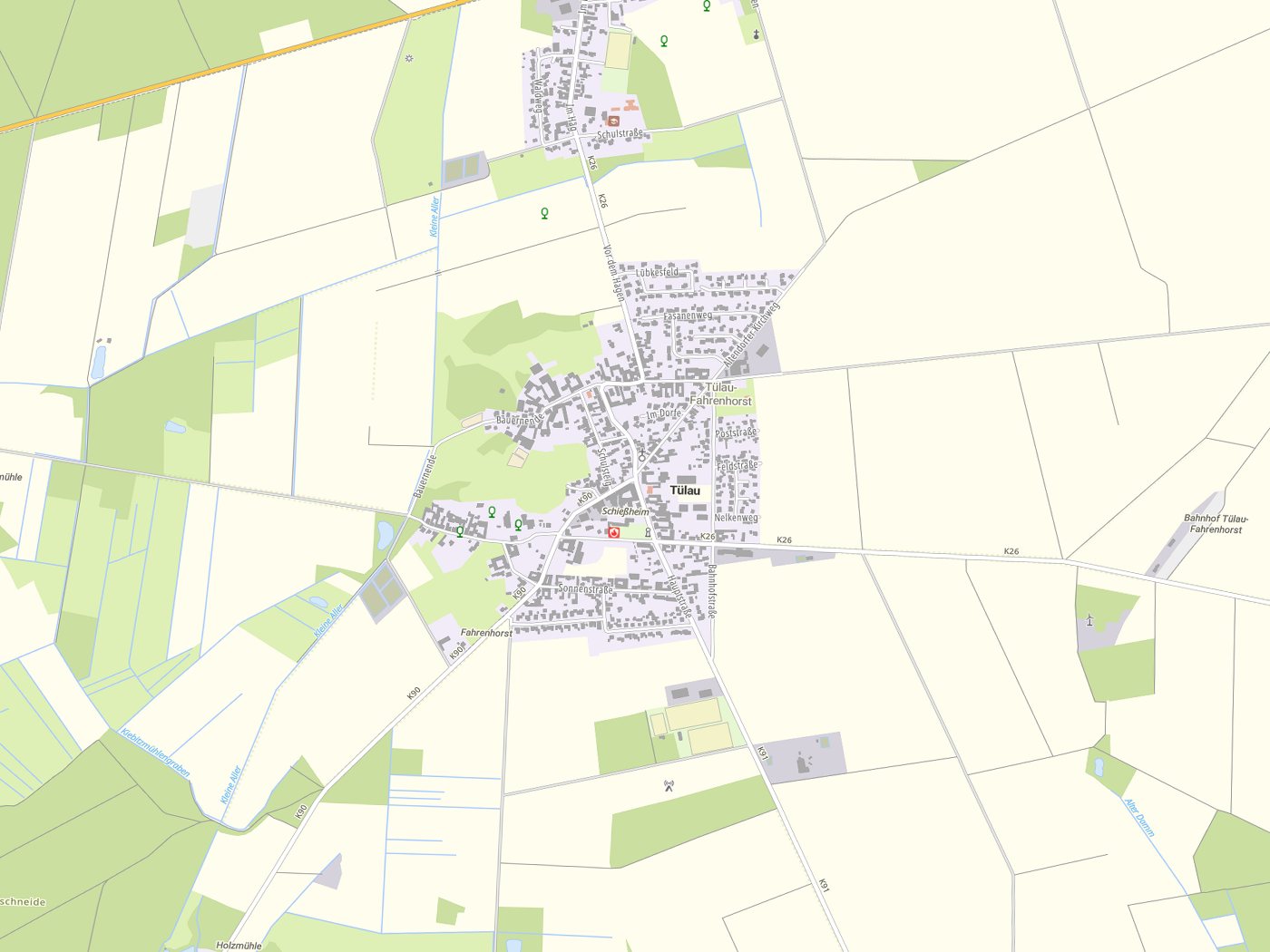 Kartenausschnitt Tülau mit Gewässern