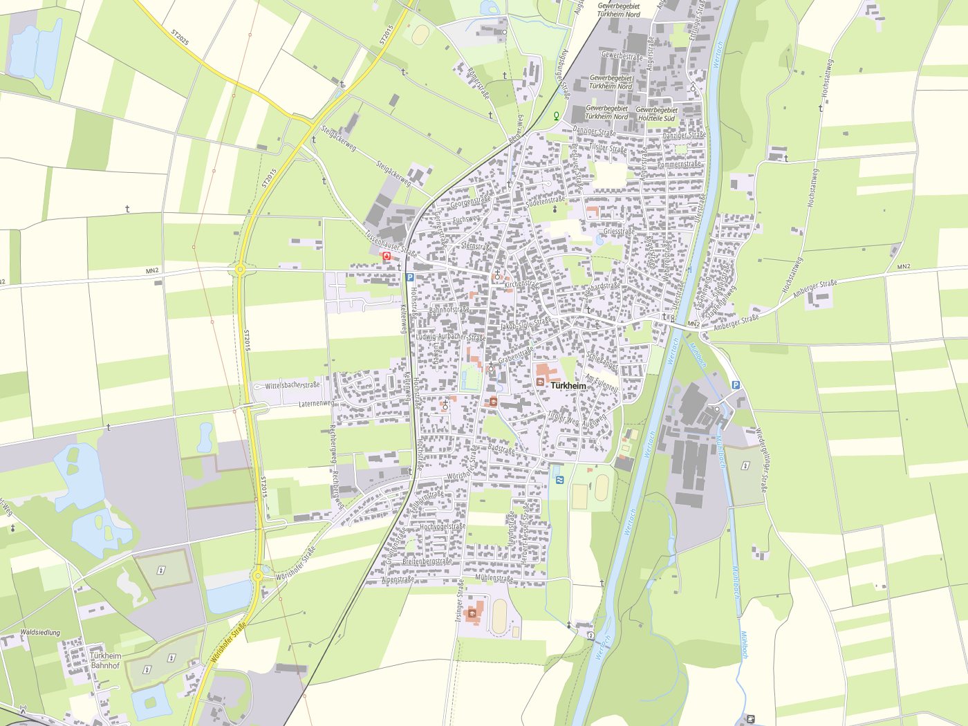Kartenausschnitt Türkheim mit Gewässern