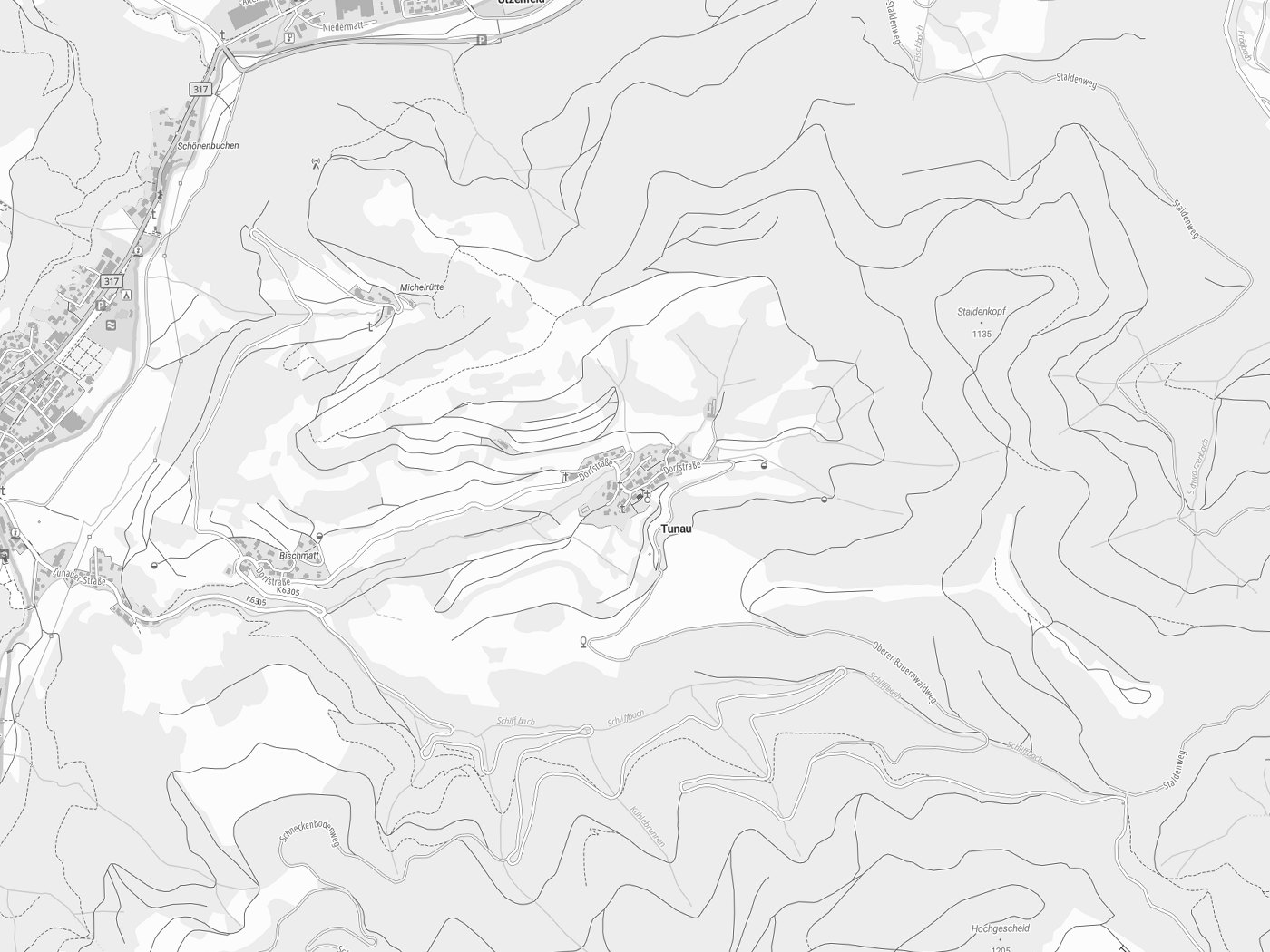 Kartenausschnitt Tunau mit Gewässern