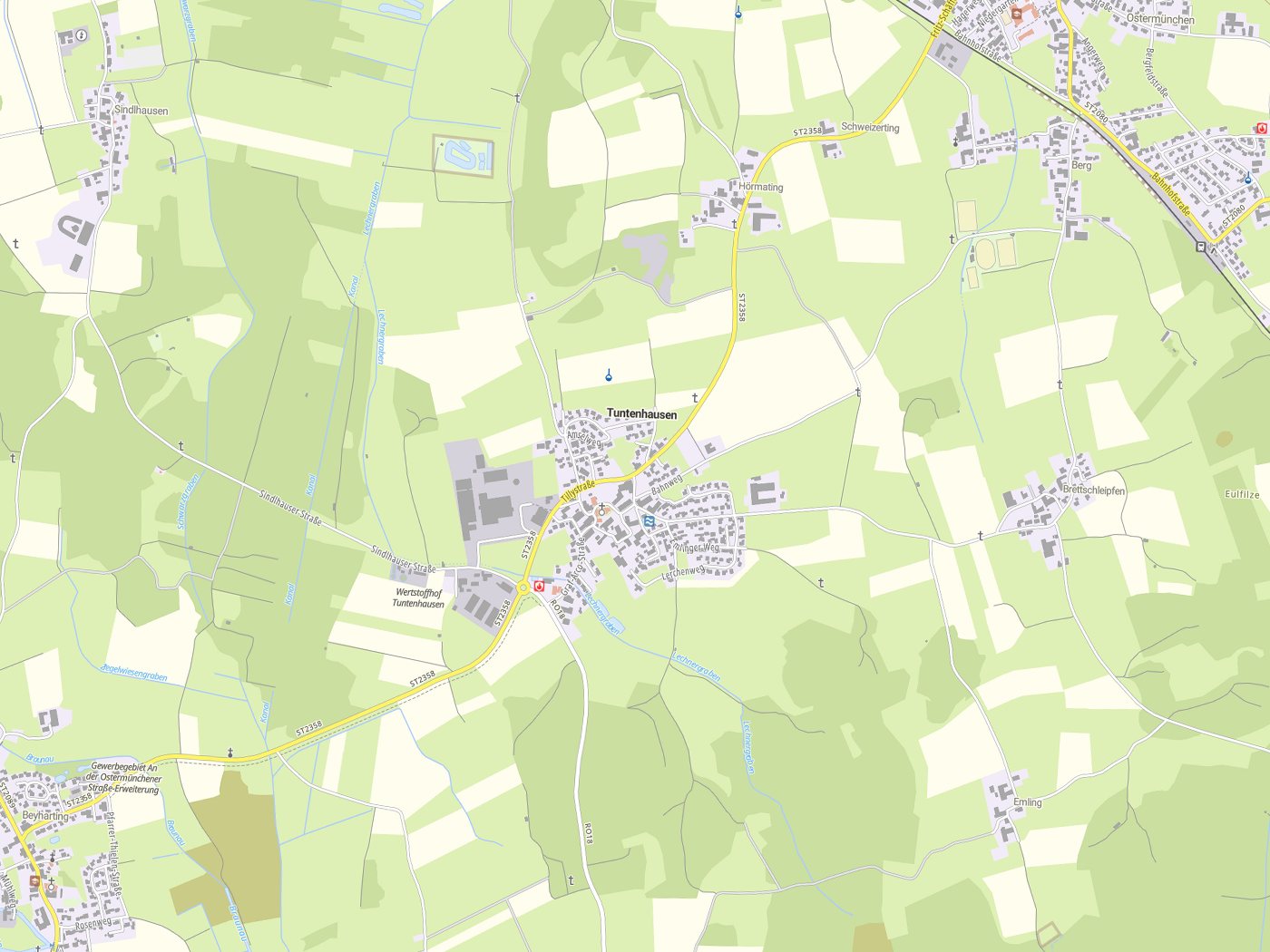 Kartenausschnitt Tuntenhausen mit Gewässern