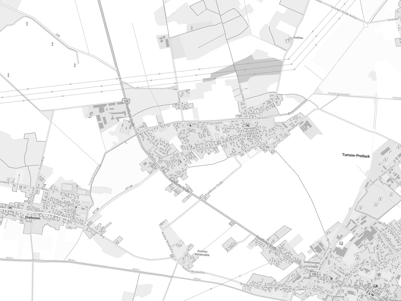 Kartenausschnitt Turnow-Preilack/Turnow-Pśiłuk mit Gewässern