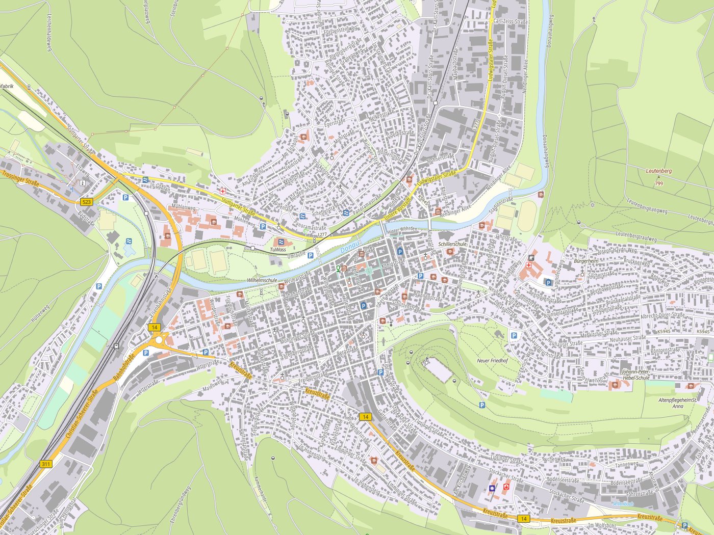 Kartenausschnitt Tuttlingen mit Gewässern