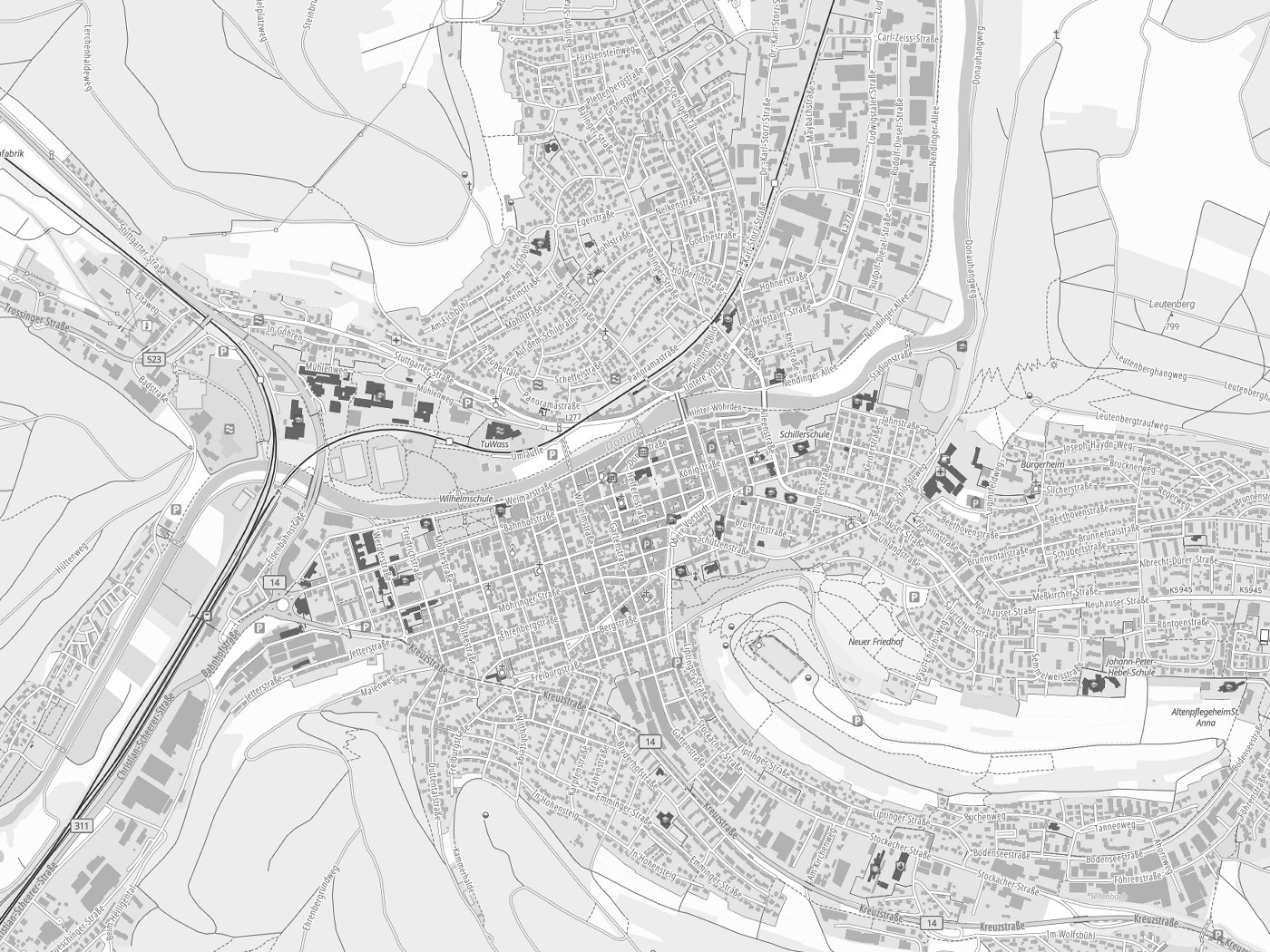 Kartenausschnitt Tuttlingen mit Gewässern