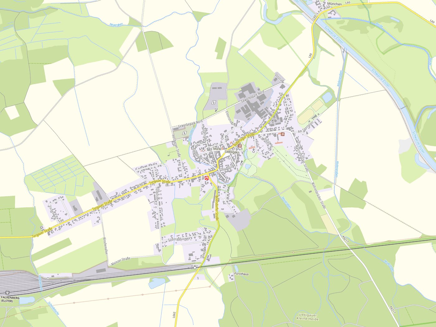 Kartenausschnitt Uebigau-Wahrenbrück mit Gewässern
