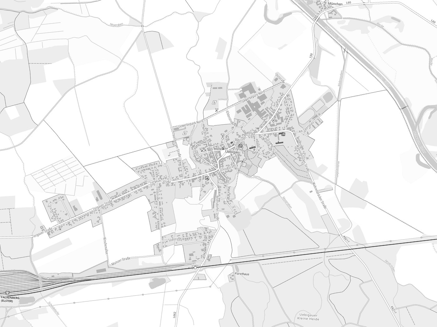 Kartenausschnitt Uebigau-Wahrenbrück mit Gewässern