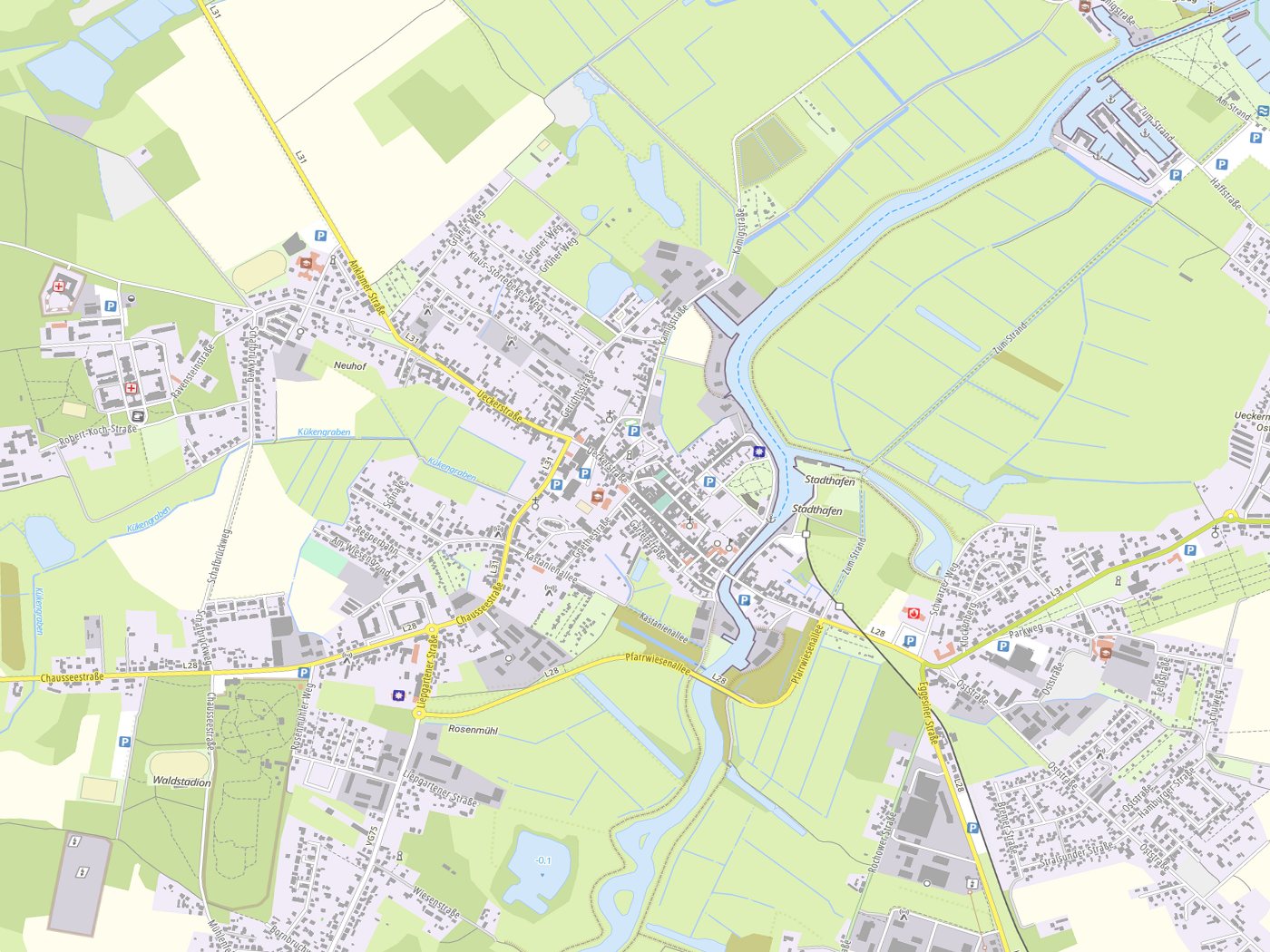 Kartenausschnitt Ueckermünde mit Gewässern