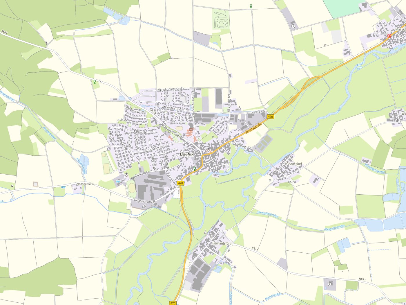 Kartenausschnitt Uehlfeld mit Gewässern
