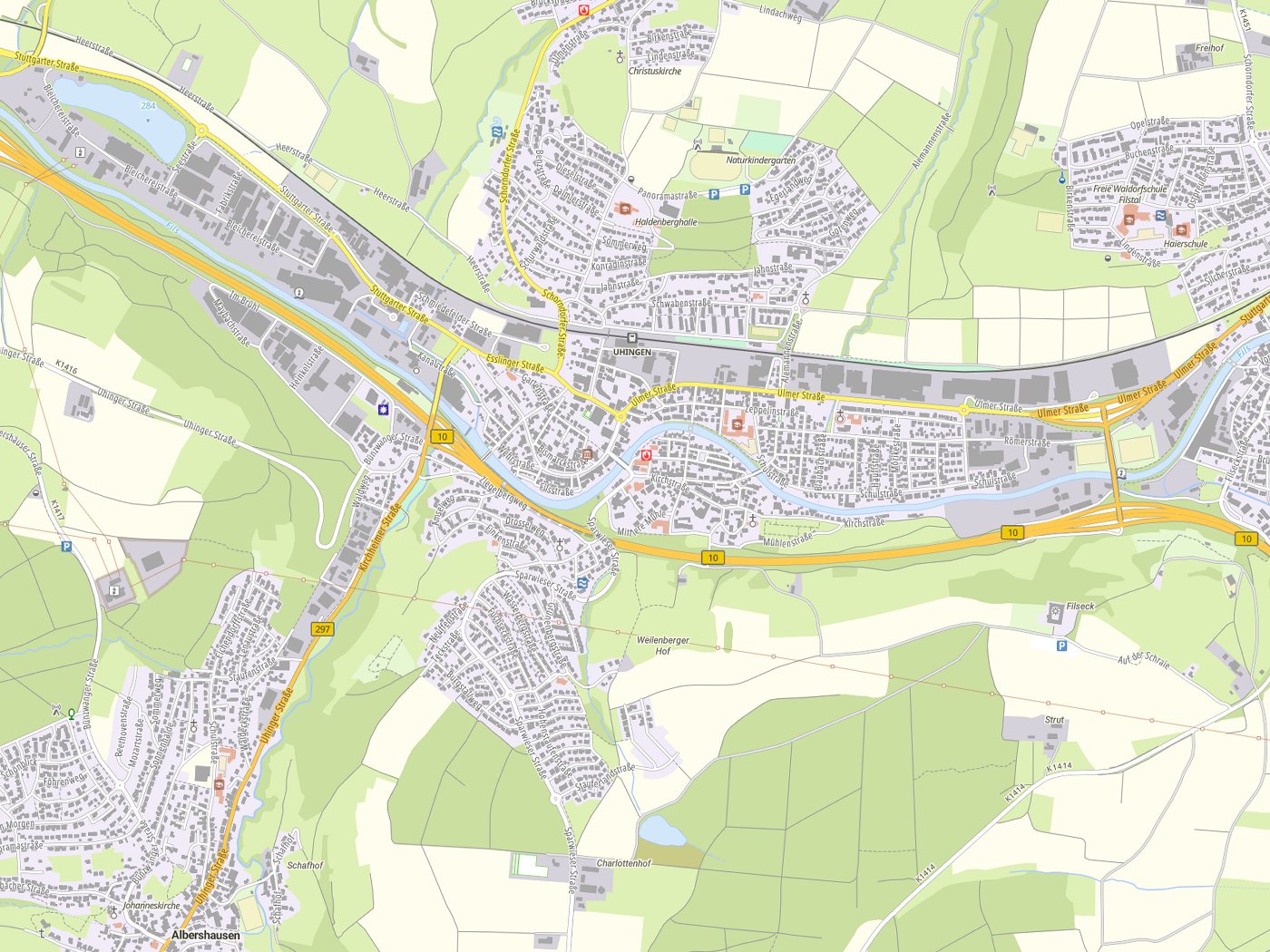 Kartenausschnitt Uhingen mit Gewässern