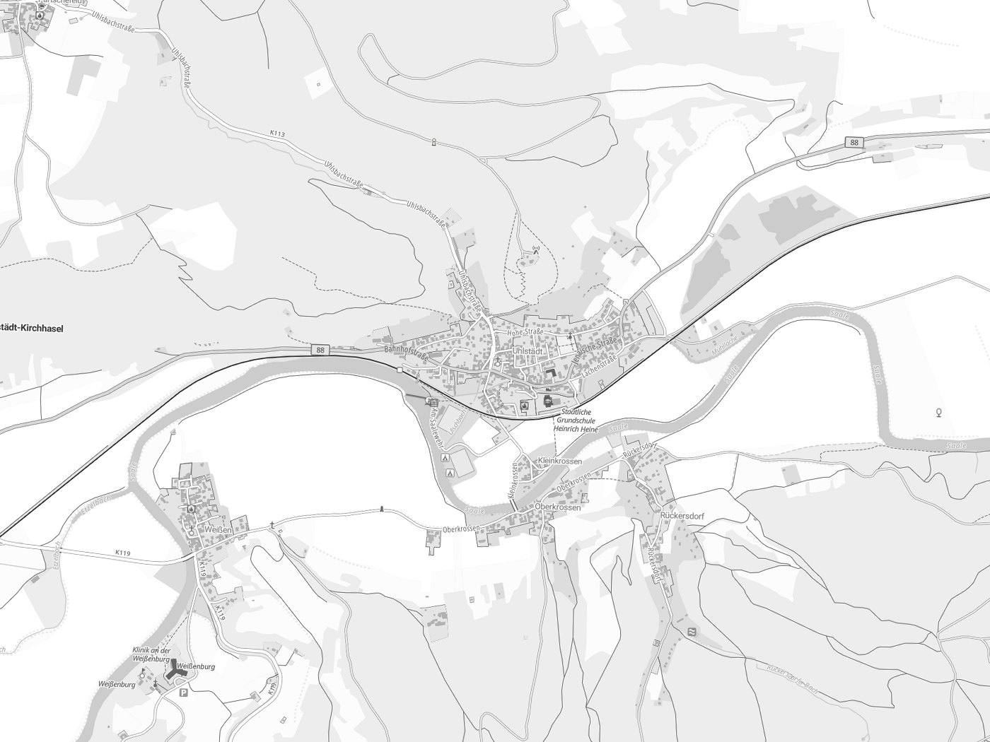 Kartenausschnitt Uhlstädt-Kirchhasel mit Gewässern