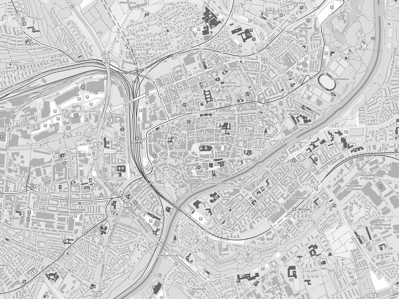 Kartenausschnitt Ulm mit Gewässern
