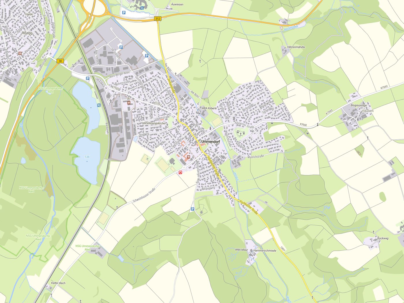 Kartenausschnitt Ummendorf mit Gewässern