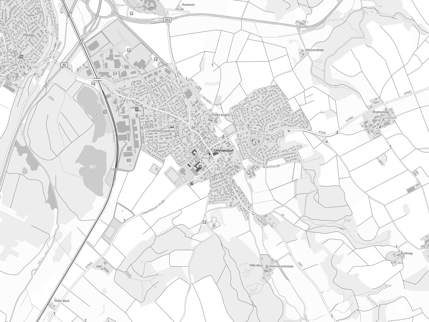 Kartenausschnitt Ummendorf mit Gewässern