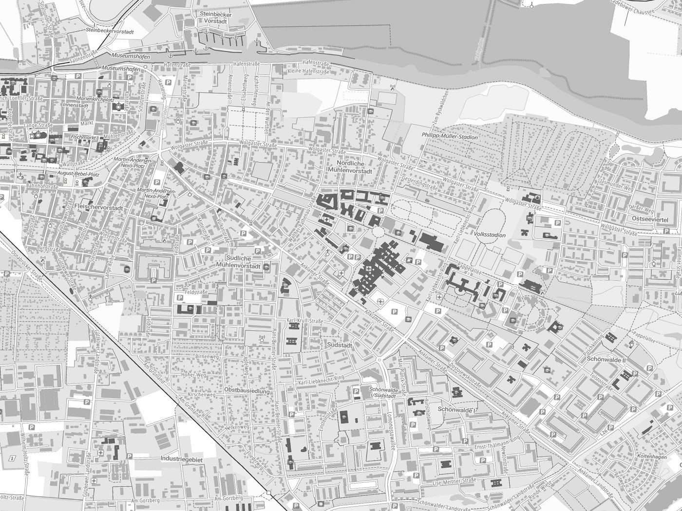 Kartenausschnitt Universitäts- und Hansestadt Greifswald mit Gewässern