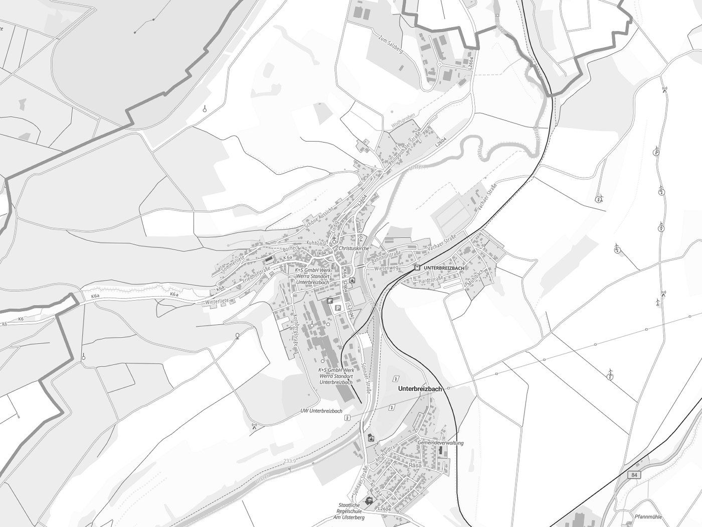 Kartenausschnitt Unterbreizbach mit Gewässern