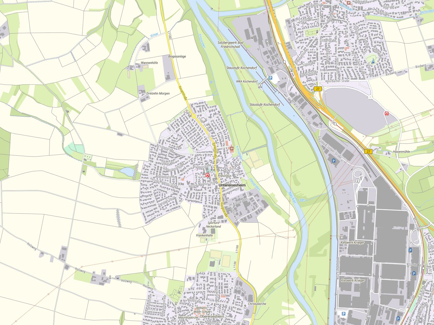 Kartenausschnitt Untereisesheim mit Gewässern