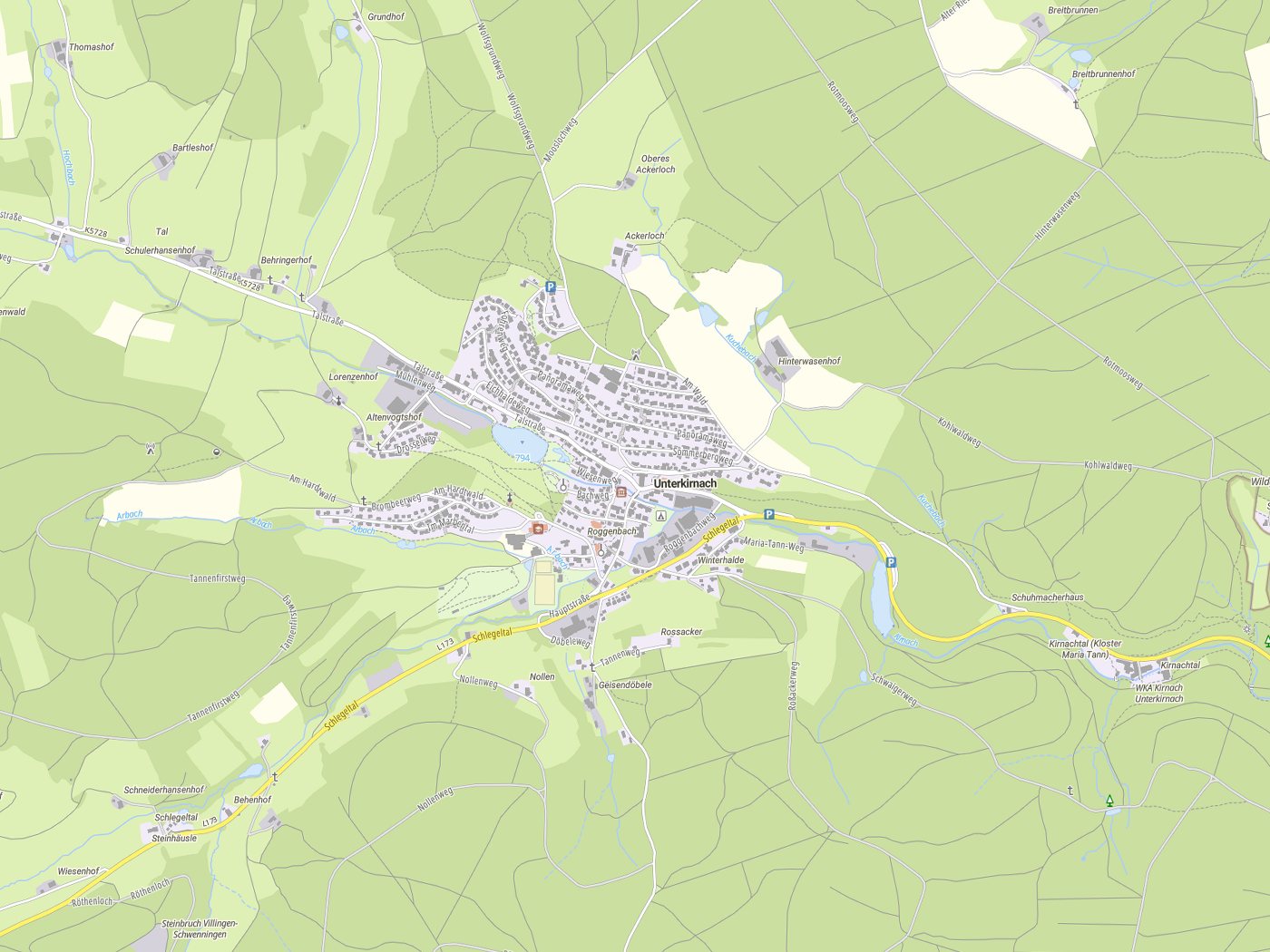 Kartenausschnitt Unterkirnach mit Gewässern