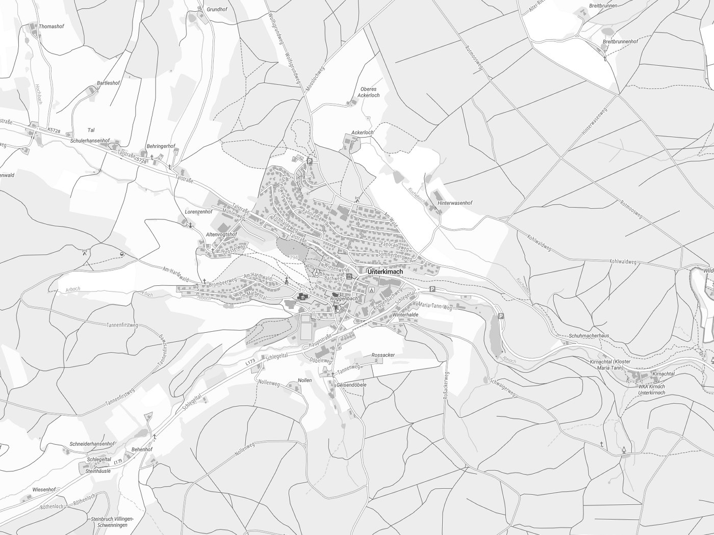 Kartenausschnitt Unterkirnach mit Gewässern