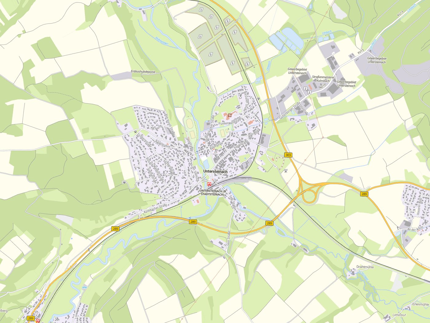 Kartenausschnitt Untersteinach mit Gewässern