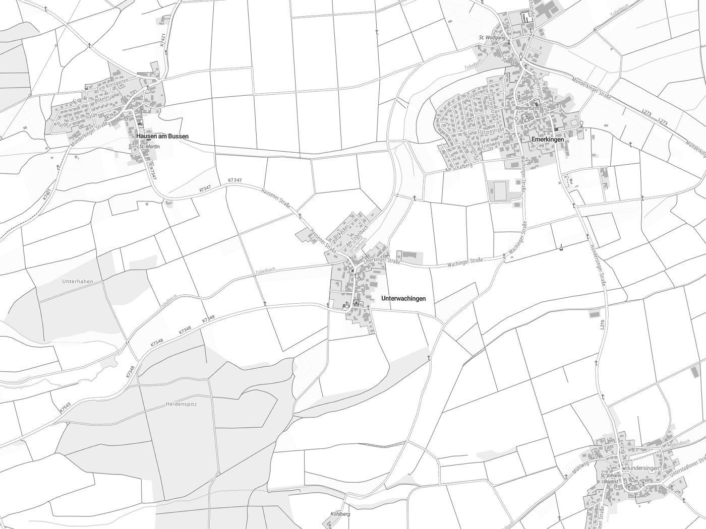 Kartenausschnitt Unterwachingen mit Gewässern