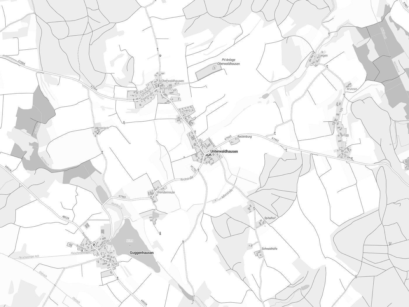 Kartenausschnitt Unterwaldhausen mit Gewässern