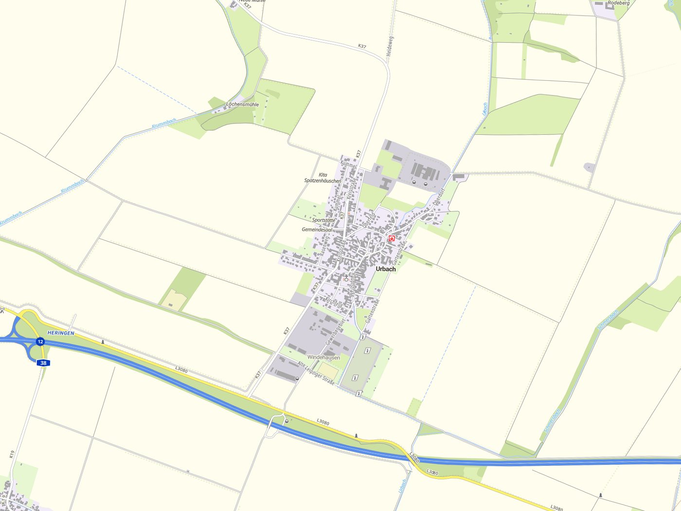 Kartenausschnitt Urbach mit Gewässern