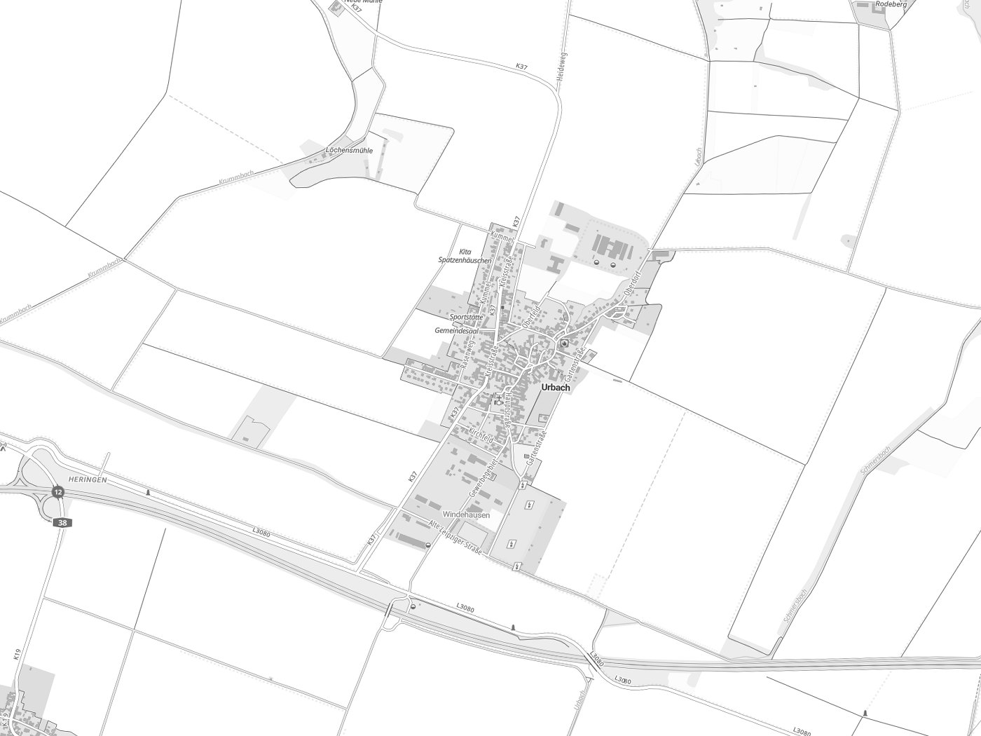 Kartenausschnitt Urbach mit Gewässern