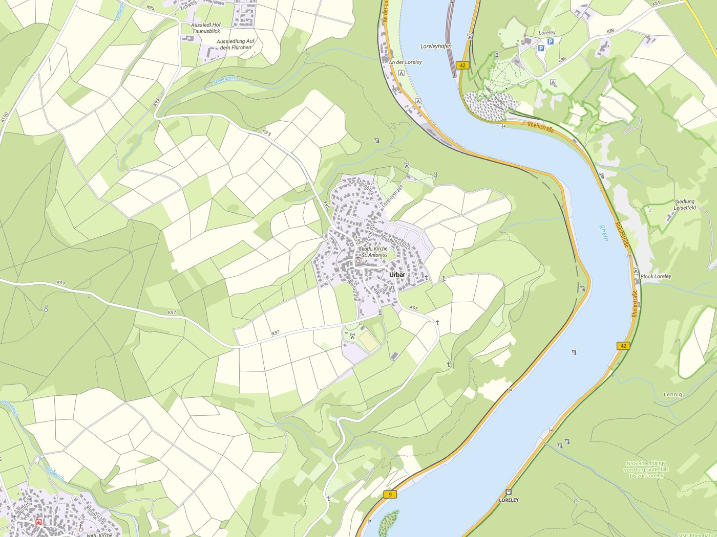 Kartenausschnitt Urbar mit Gewässern