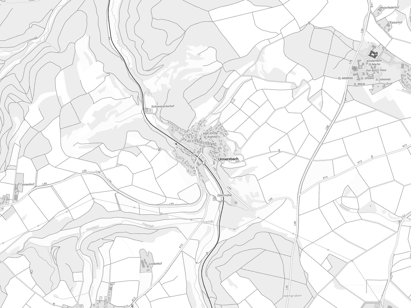 Kartenausschnitt Urmersbach mit Gewässern