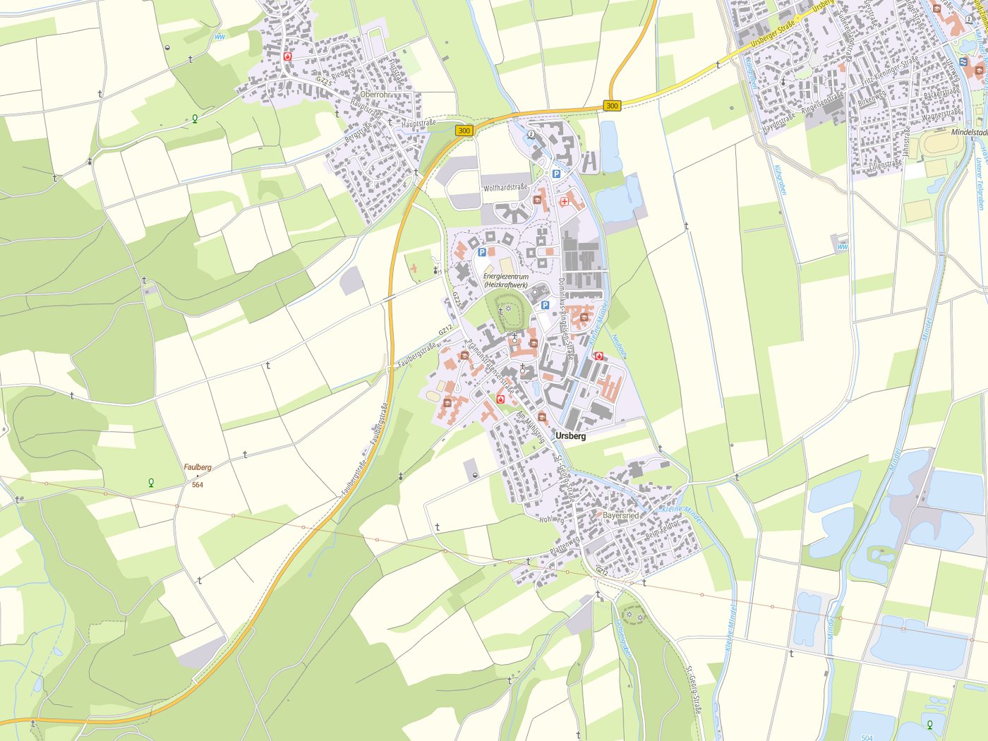 Kartenausschnitt Ursberg mit Gewässern