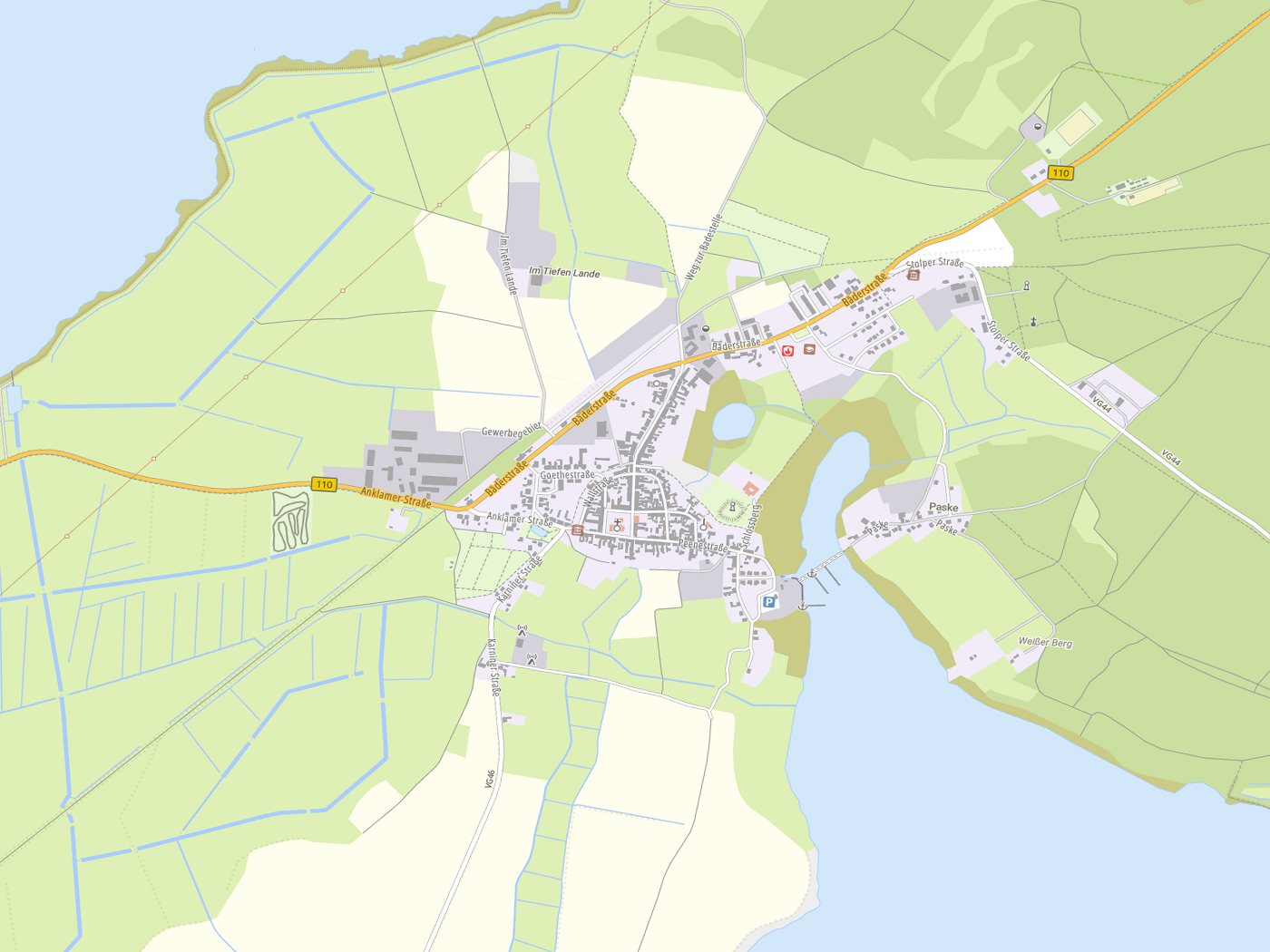 Kartenausschnitt Usedom mit Gewässern