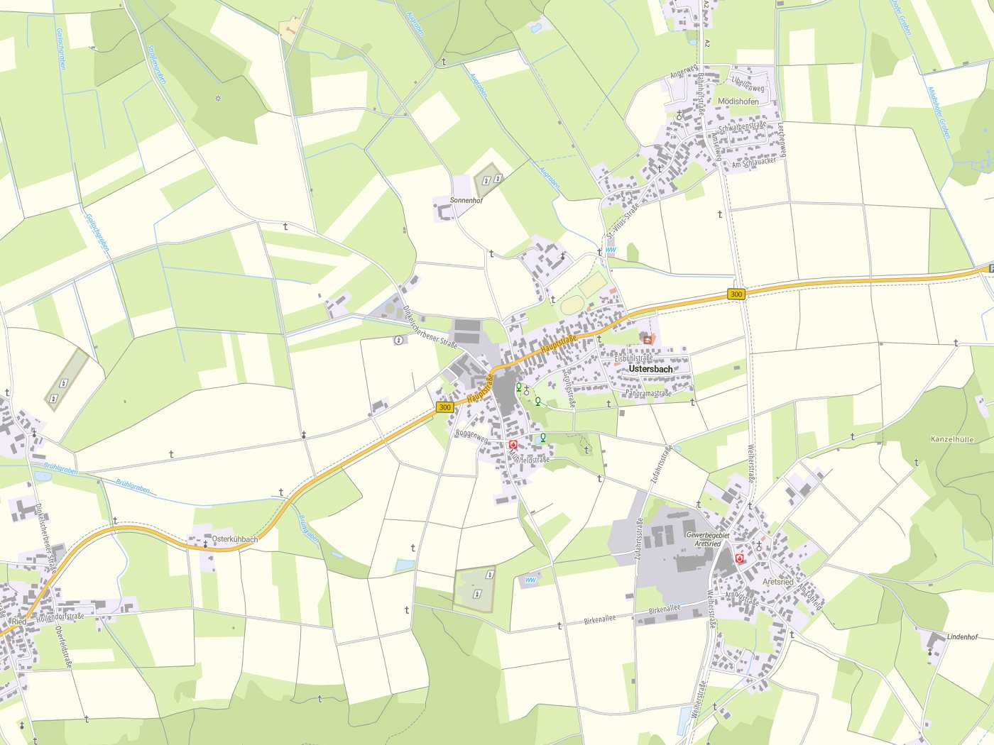 Kartenausschnitt Ustersbach mit Gewässern