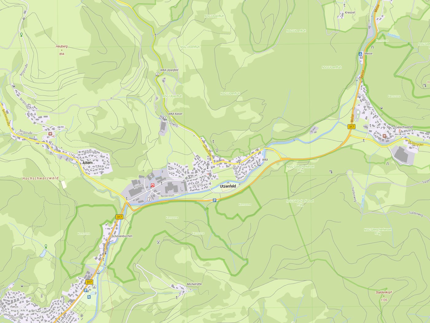 Kartenausschnitt Utzenfeld mit Gewässern